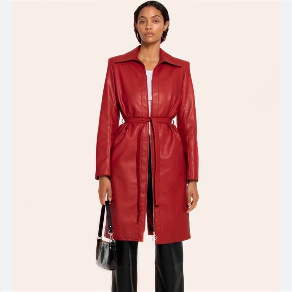 Orseund Iris Red Vegan Leather Belted Trench Coat Jacket Statement Designer L - Picture 4 of 15